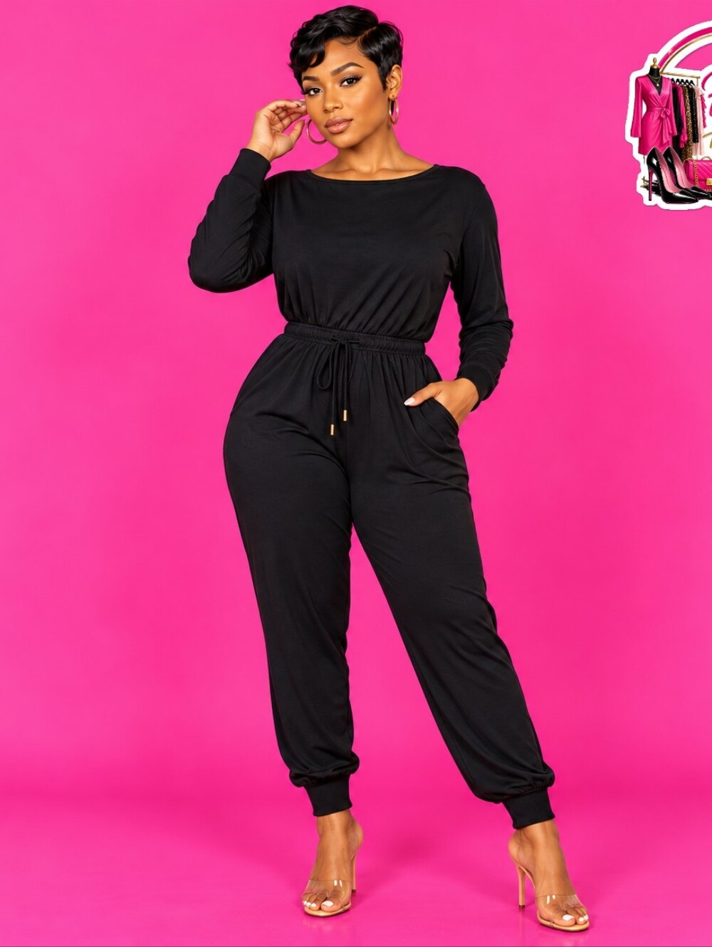 NWT Black Long-Sleeve Jogger Jumpsuit - Women